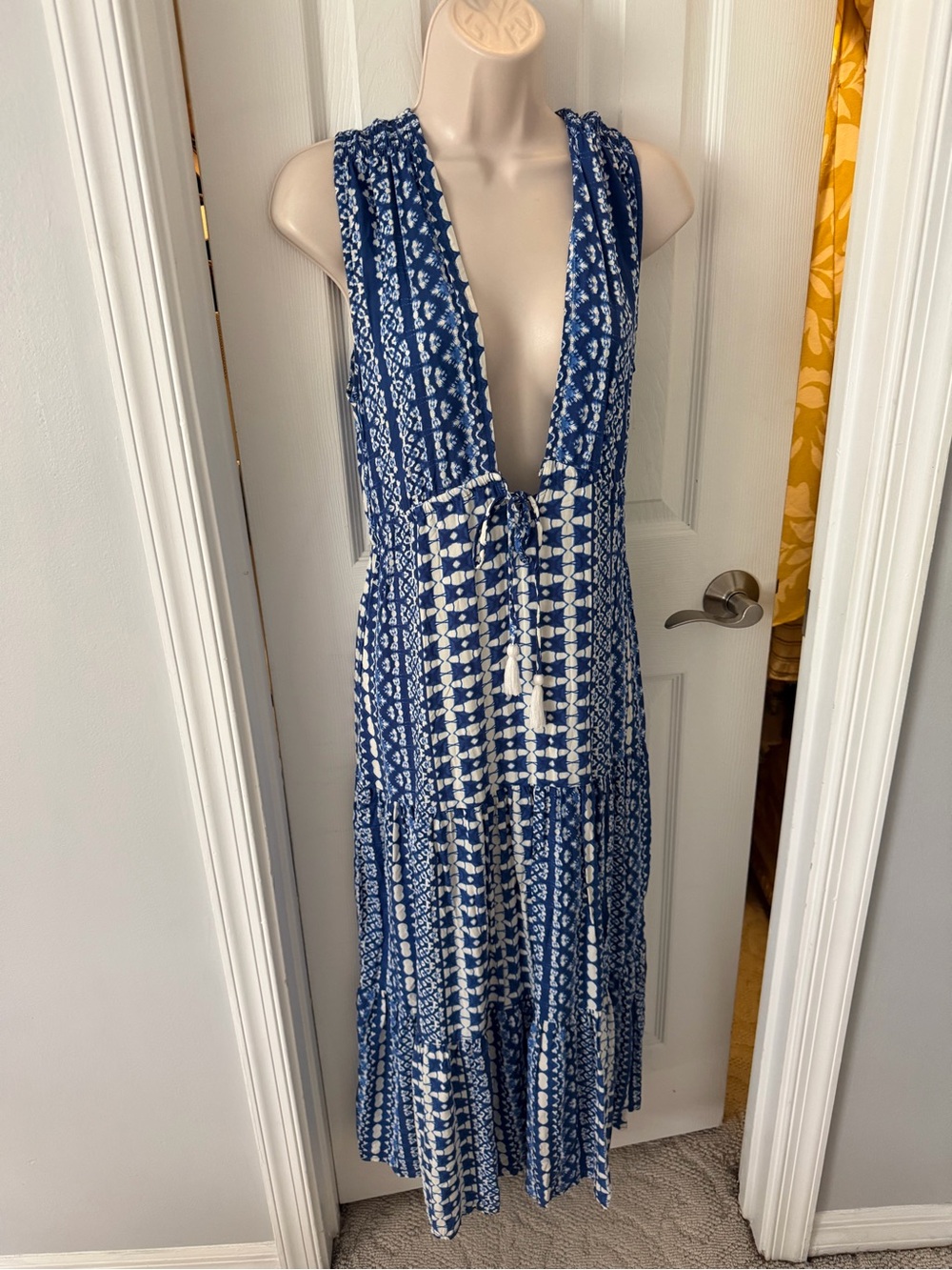 Spiaggia Dolce Maxi Printed Sleeveless Tier Dress Blue and White